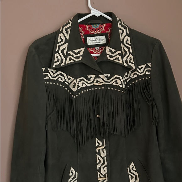 Tasha Polizzi Olive Green Suede Fringe Boho Western Jacket Embroidery Size S - Picture 6 of 16